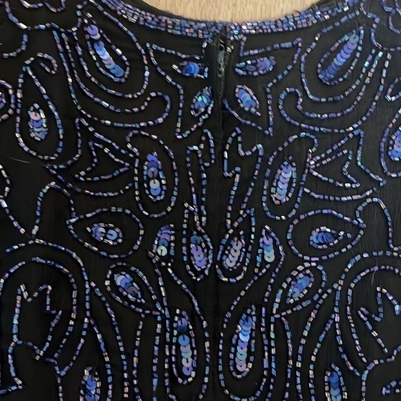Stunning Vintage 80s 90s Beaded 100% Silk Long Sleeve Blouse Black Blue Small - Picture 5 of 8